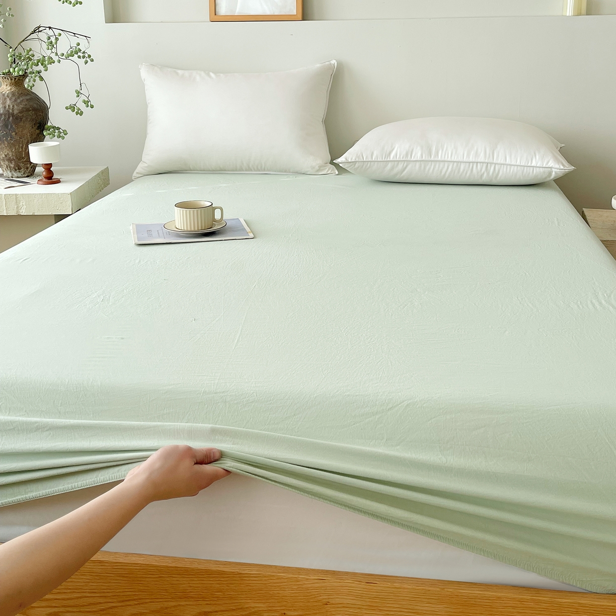 91家纺网 家纺一手货源 找家纺 春皖家纺 2026春夏新款全棉纯棉水洗棉单品系列床笠单件床笠单品-B版单床笠 素雅果绿