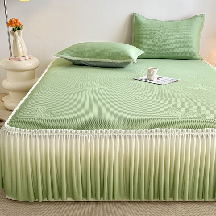 91家纺网 家纺一手货源 找家纺 安哆啦家纺 2026新款公主仙女风480克PE凉感凉豆豆床裙凉席三件套-豆豆床裙 豆豆床裙-果绿