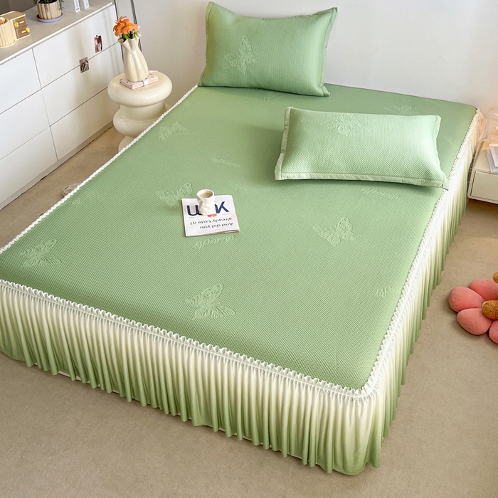 91家纺网 家纺一手货源 找家纺 安哆啦家纺 2026新款公主仙女风480克PE凉感凉豆豆床裙凉席三件套-豆豆床裙 豆豆床裙-果绿