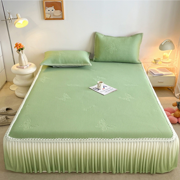 91家纺网 家纺一手货源 找家纺 安哆啦家纺 2026新款公主仙女风480克PE凉感凉豆豆床裙凉席三件套-豆豆床裙 豆豆床裙-果绿