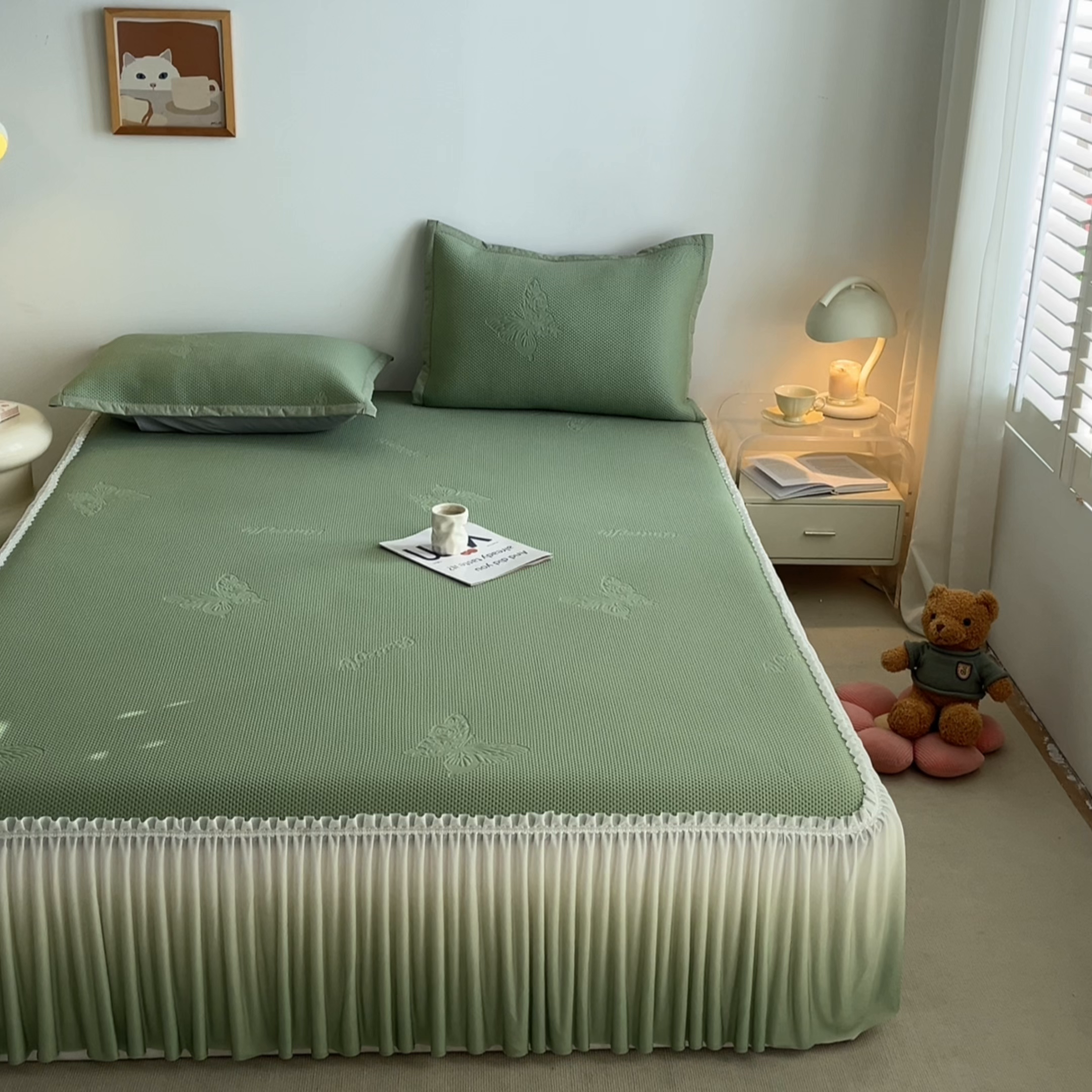 91家纺网 家纺一手货源 找家纺 安哆啦家纺 2026新款公主仙女风480克PE凉感凉豆豆床裙凉席三件套-豆豆床裙 豆豆床裙-果绿