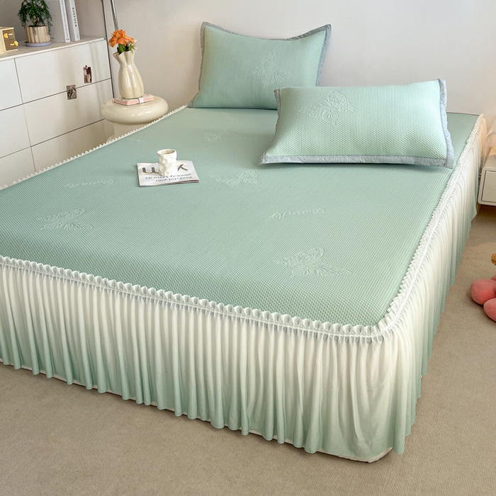 91家纺网 家纺一手货源 找家纺 安哆啦家纺 2026新款公主仙女风480克PE凉感凉豆豆床裙凉席三件套-豆豆床裙 豆豆床裙-清水绿