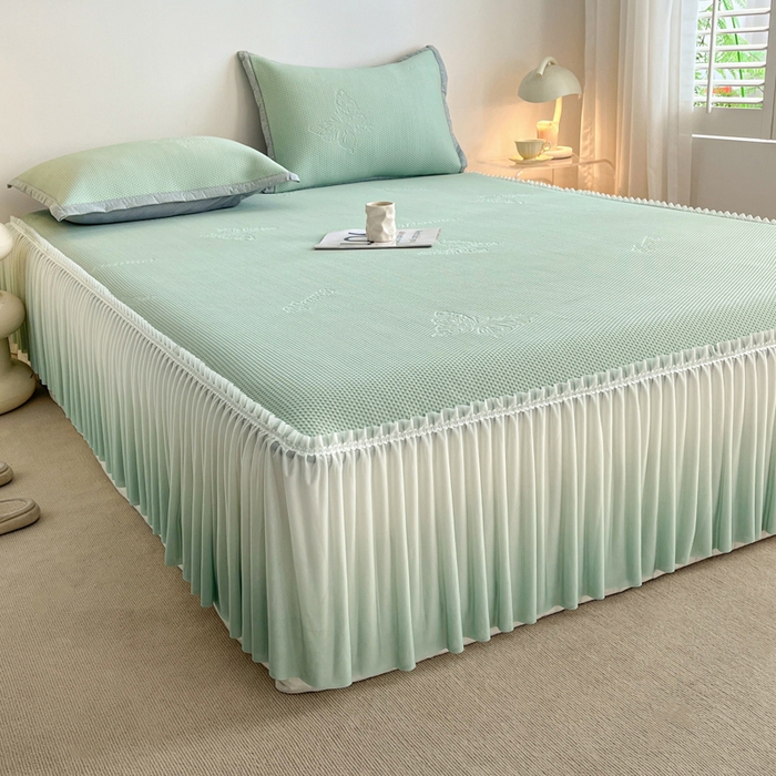 91家纺网 家纺一手货源 找家纺 安哆啦家纺 2026新款公主仙女风480克PE凉感凉豆豆床裙凉席三件套-豆豆床裙 豆豆床裙-清水绿