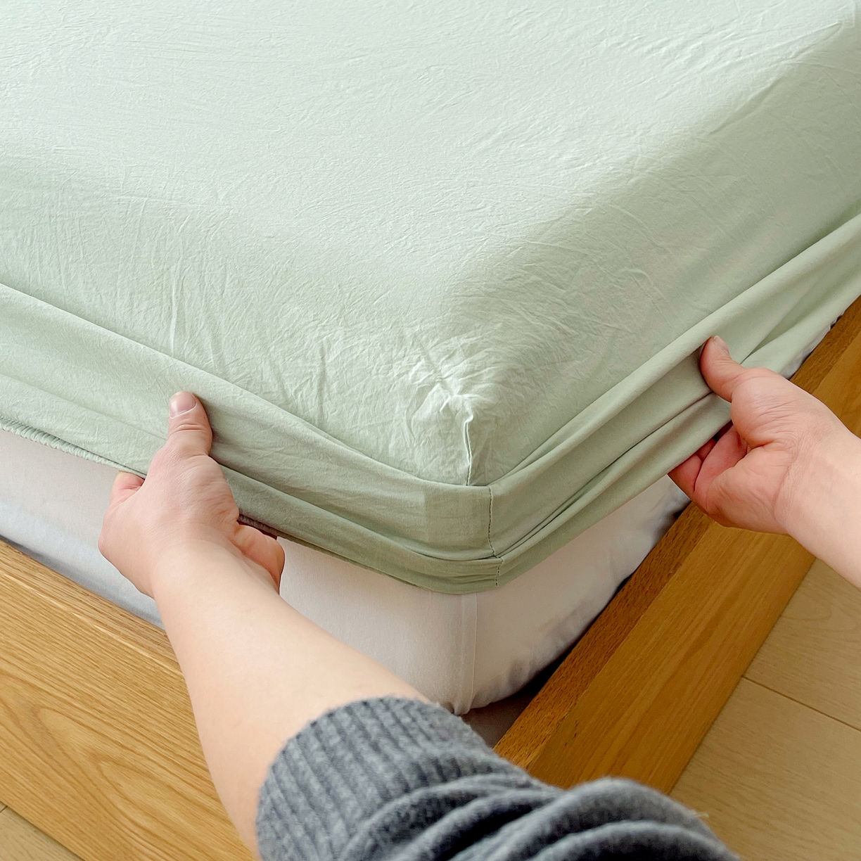 91家纺网 家纺一手货源 找家纺 春皖家纺 2026春夏新款全棉纯棉水洗棉单品系列床笠单件床笠单品-B版单床笠 素雅果绿