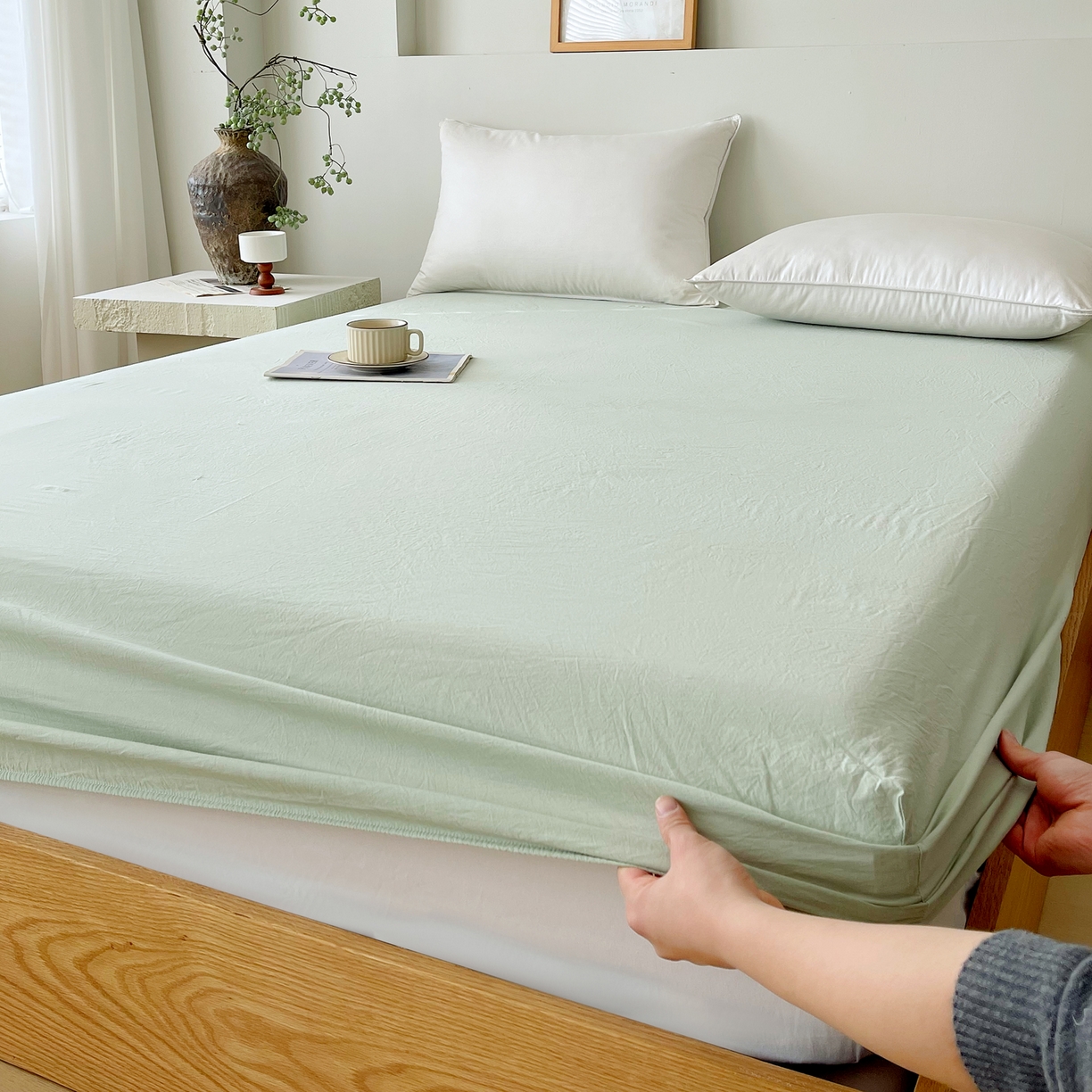 91家纺网 家纺一手货源 找家纺 春皖家纺 2026春夏新款全棉纯棉水洗棉单品系列床笠单件床笠单品-B版单床笠 素雅果绿