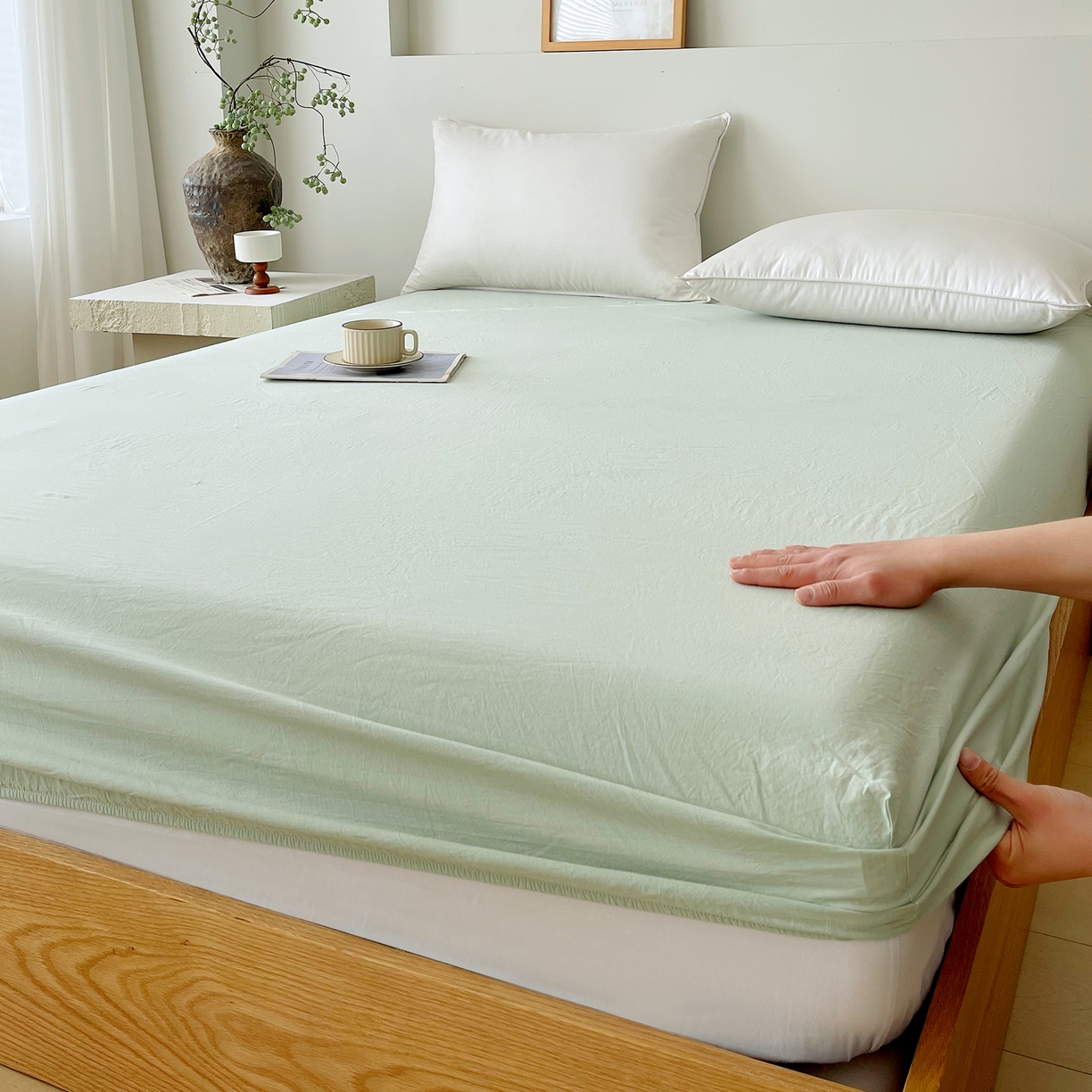 91家纺网 家纺一手货源 找家纺 春皖家纺 2026春夏新款全棉纯棉水洗棉单品系列床笠单件床笠单品-B版单床笠 素雅果绿