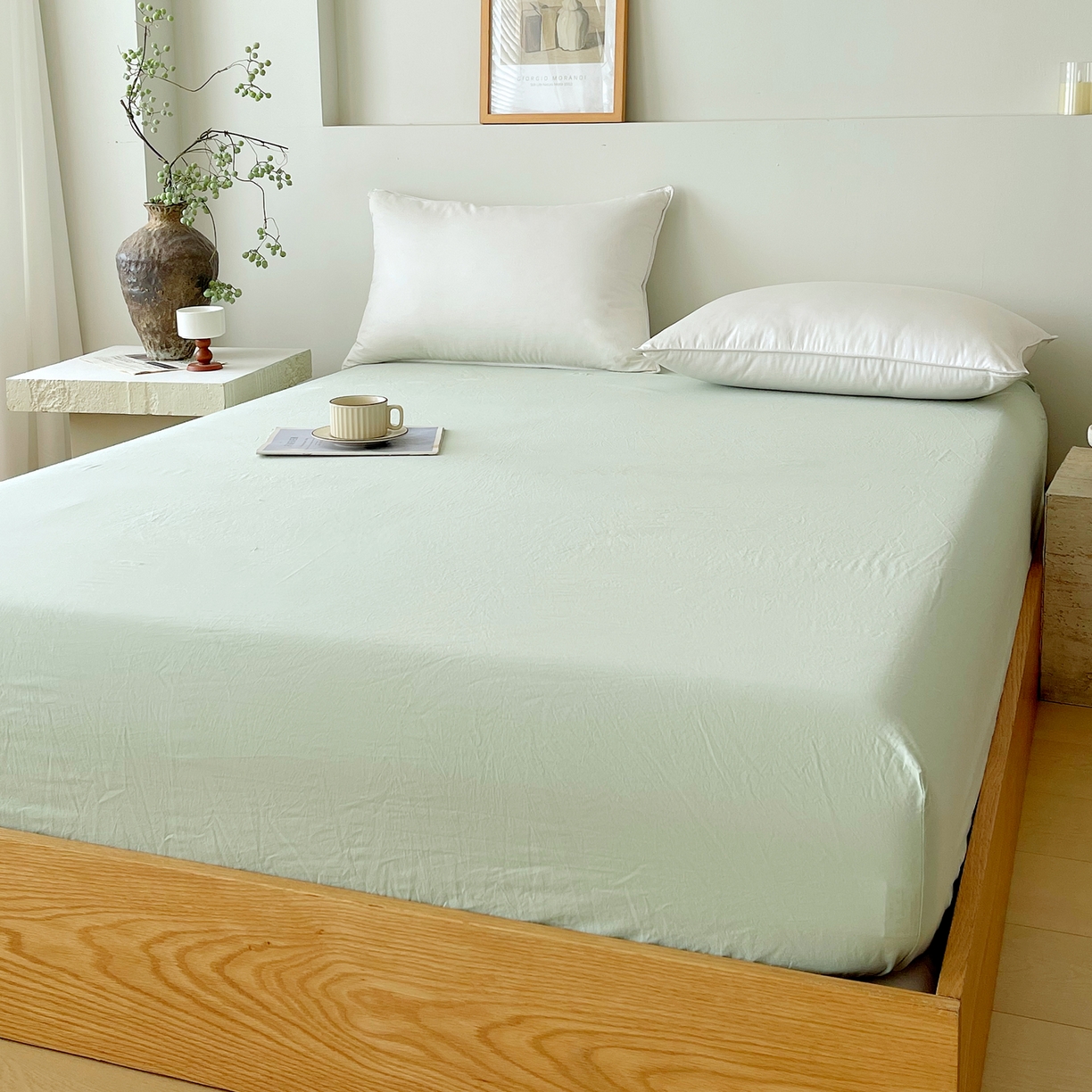 91家纺网 家纺一手货源 找家纺 春皖家纺 2026春夏新款全棉纯棉水洗棉单品系列床笠单件床笠单品-B版单床笠 素雅果绿