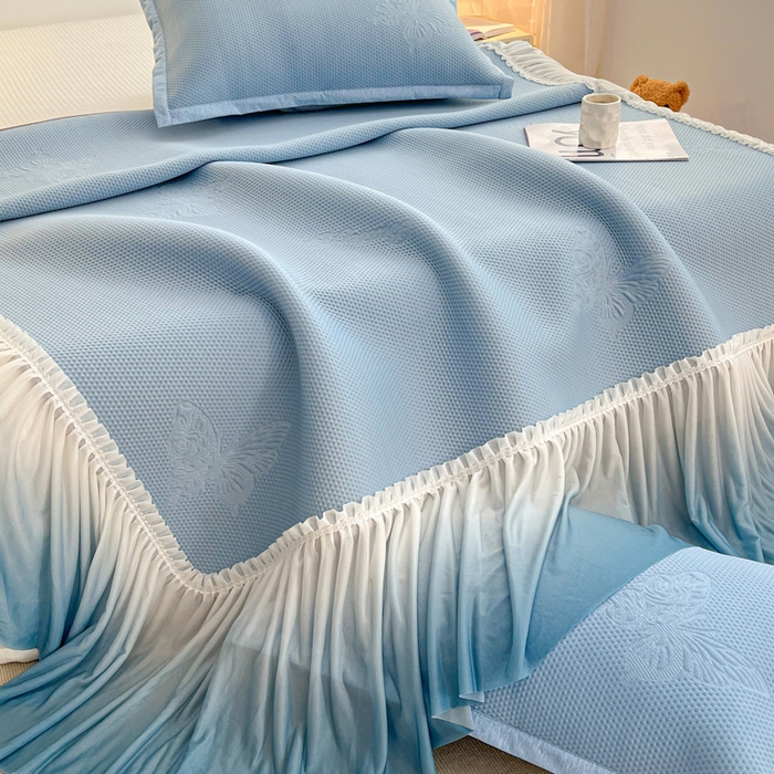 91家纺网 家纺一手货源 找家纺 安哆啦家纺 2026新款公主仙女风480克PE凉感凉豆豆床裙凉席三件套-豆豆床裙 豆豆床裙-深邃蓝