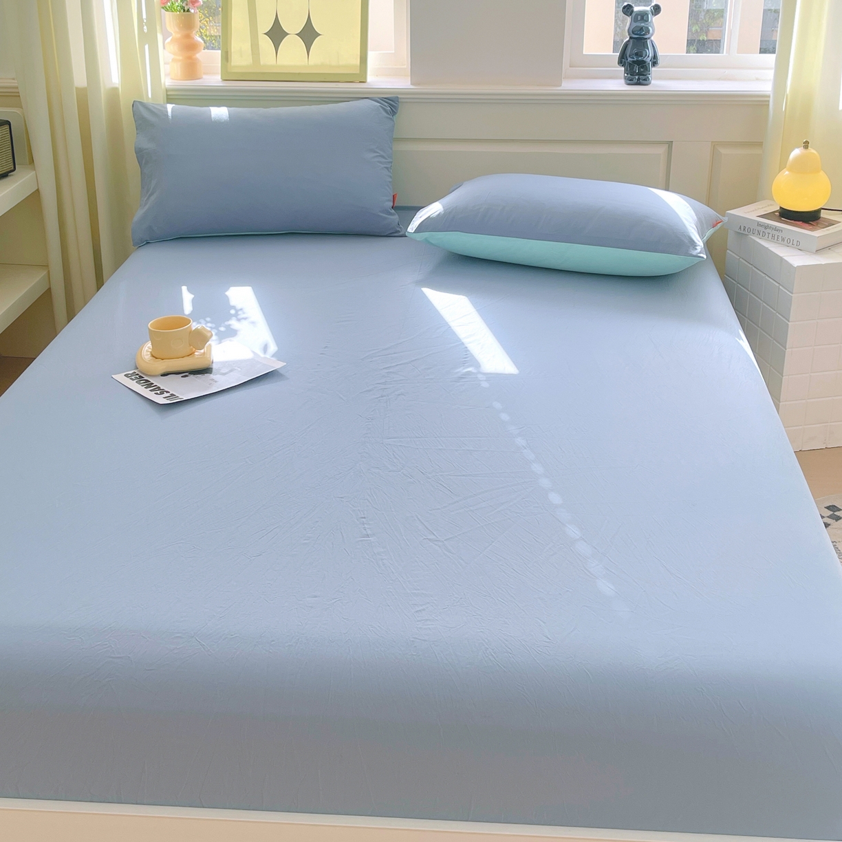 91家纺网 家纺一手货源 找家纺 春皖家纺 2026春夏新款全棉纯棉水洗棉单品系列床笠单件床笠单品-B版单床笠 素雅幻蓝