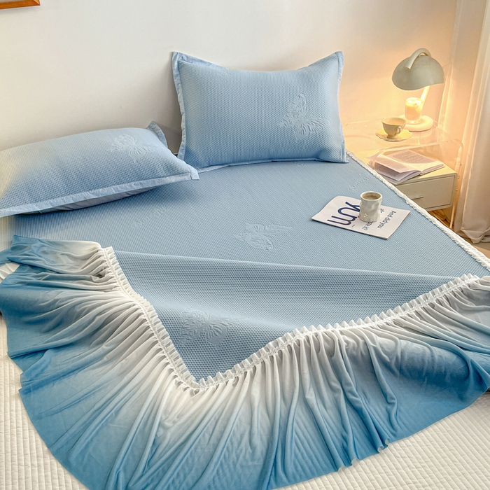 91家纺网 家纺一手货源 找家纺 安哆啦家纺 2026新款公主仙女风480克PE凉感凉豆豆床裙凉席三件套-豆豆床裙 豆豆床裙-深邃蓝