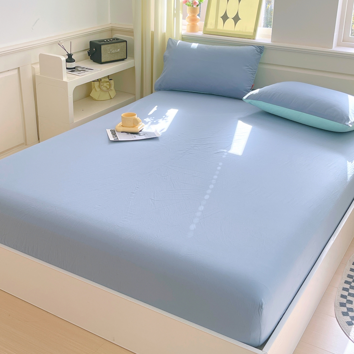 91家纺网 家纺一手货源 找家纺 春皖家纺 2026春夏新款全棉纯棉水洗棉单品系列床笠单件床笠单品-B版单床笠 素雅幻蓝