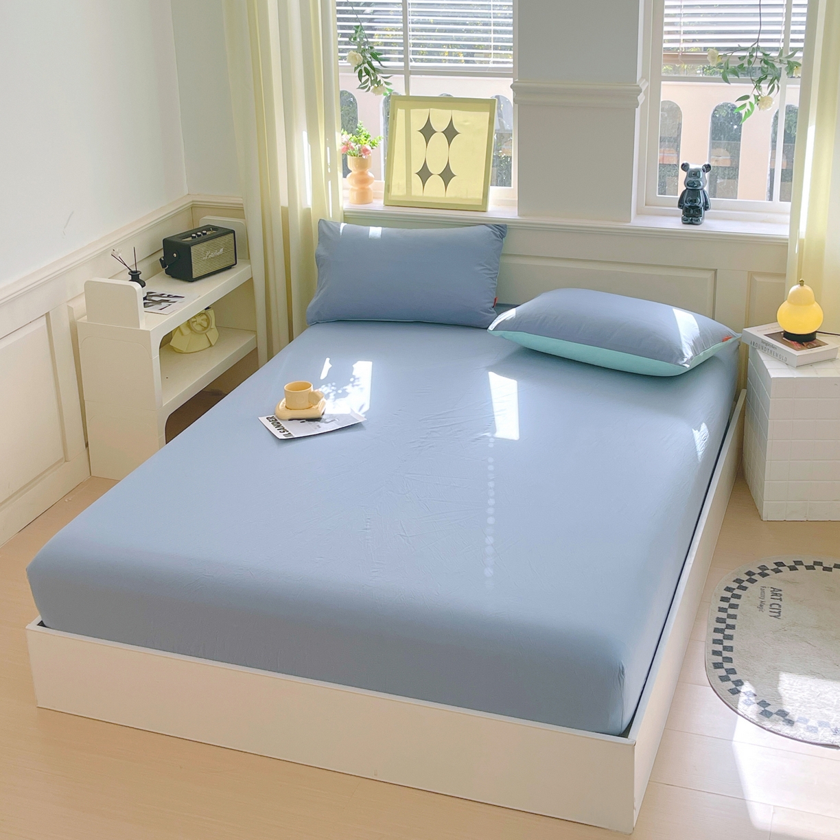 91家纺网 家纺一手货源 找家纺 春皖家纺 2026春夏新款全棉纯棉水洗棉单品系列床笠单件床笠单品-B版单床笠 素雅幻蓝