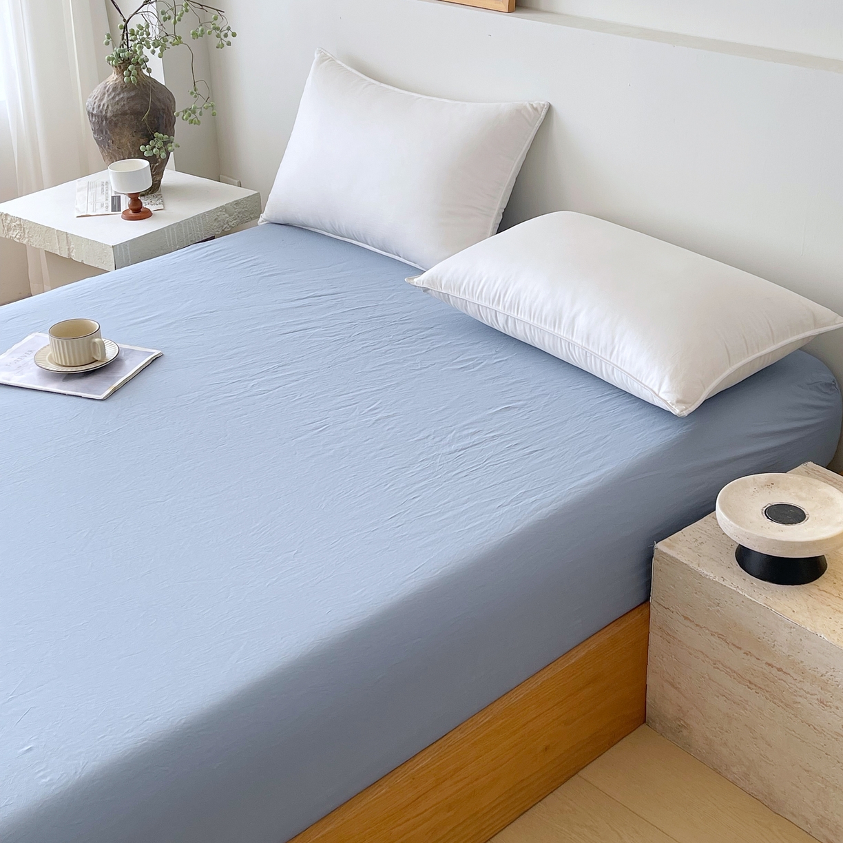 91家纺网 家纺一手货源 找家纺 春皖家纺 2026春夏新款全棉纯棉水洗棉单品系列床笠单件床笠单品-B版单床笠 素雅幻蓝