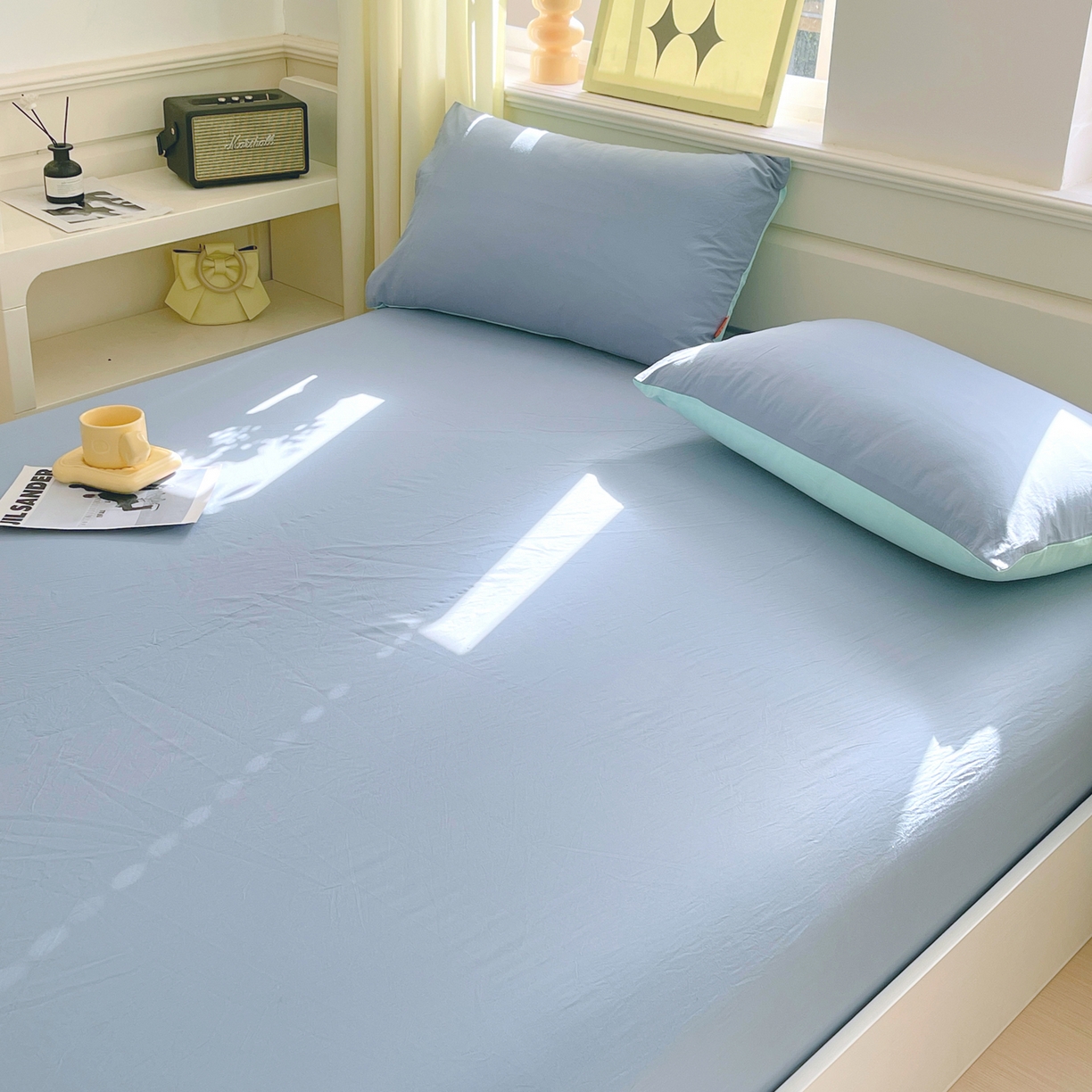 91家纺网 家纺一手货源 找家纺 春皖家纺 2026春夏新款全棉纯棉水洗棉单品系列床笠单件床笠单品-B版单床笠 素雅幻蓝