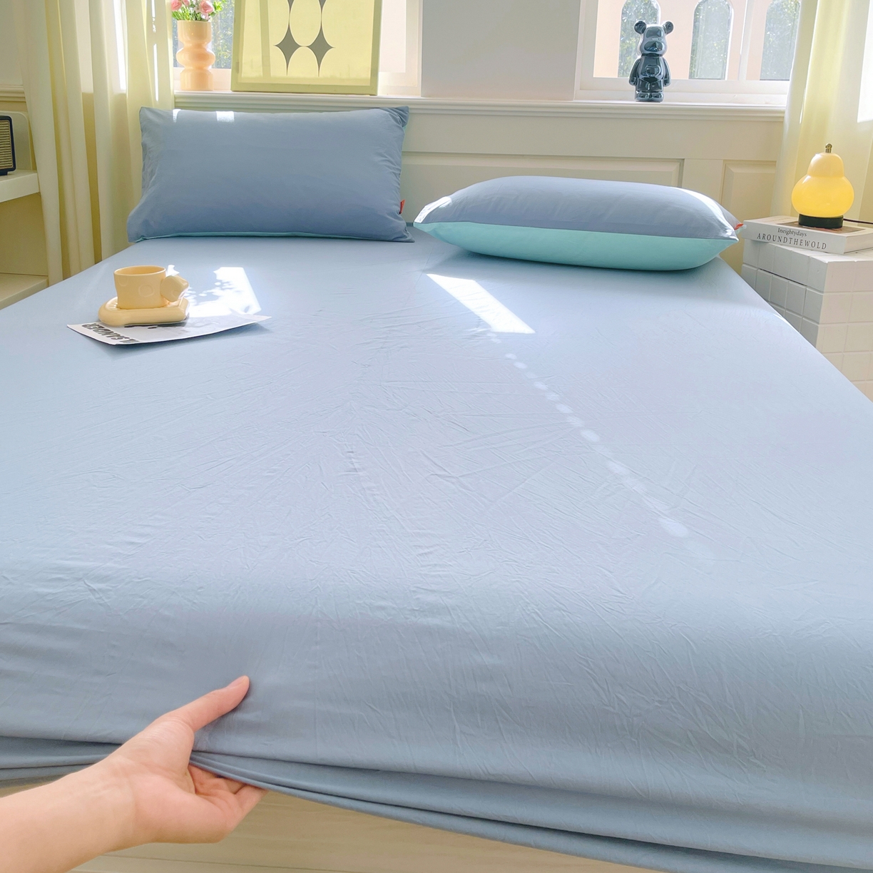 91家纺网 家纺一手货源 找家纺 春皖家纺 2026春夏新款全棉纯棉水洗棉单品系列床笠单件床笠单品-B版单床笠 素雅幻蓝