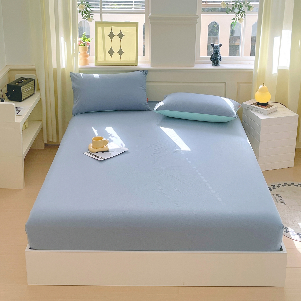 91家纺网 家纺一手货源 找家纺 春皖家纺 2026春夏新款全棉纯棉水洗棉单品系列床笠单件床笠单品-B版单床笠 素雅幻蓝