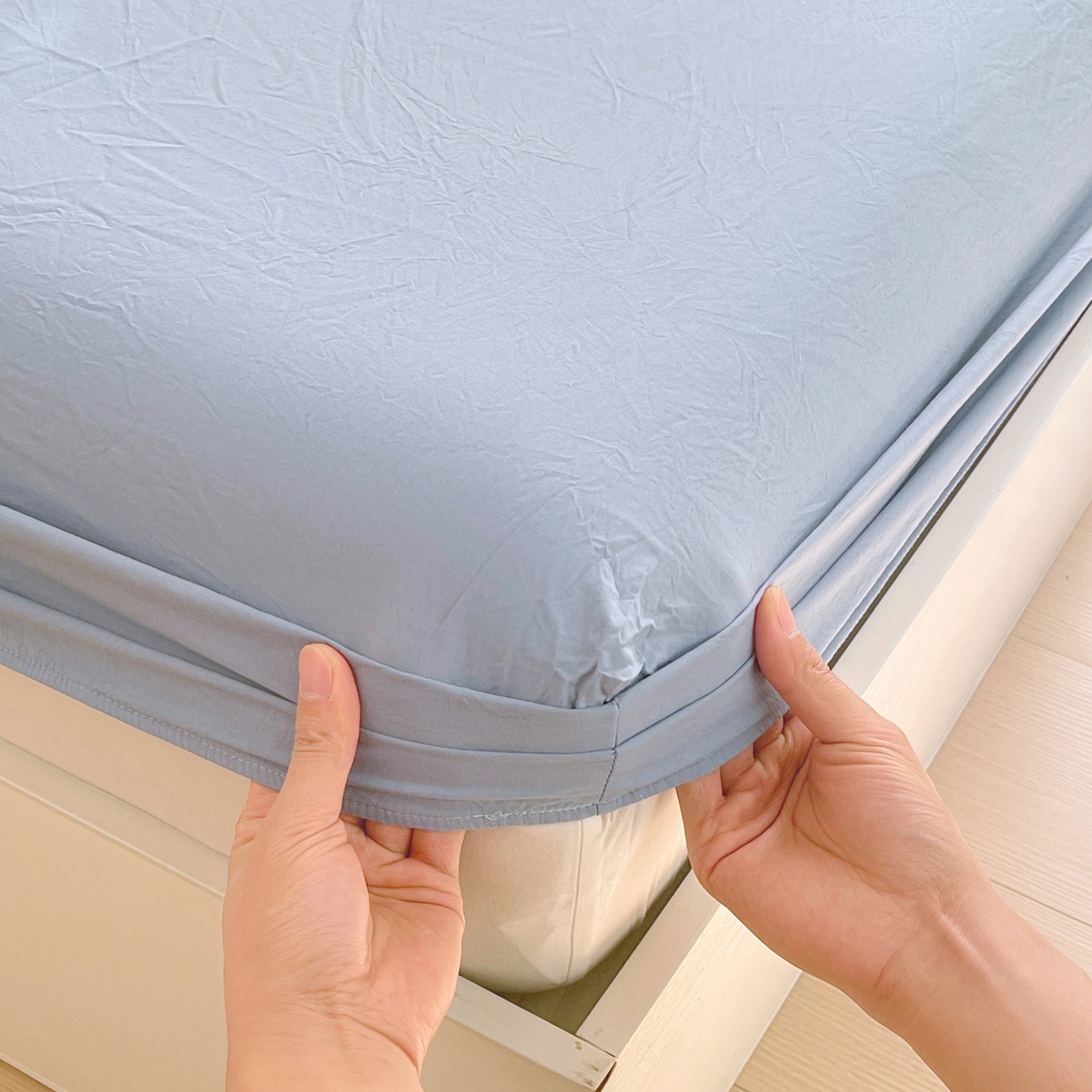 91家纺网 家纺一手货源 找家纺 春皖家纺 2026春夏新款全棉纯棉水洗棉单品系列床笠单件床笠单品-B版单床笠 素雅幻蓝