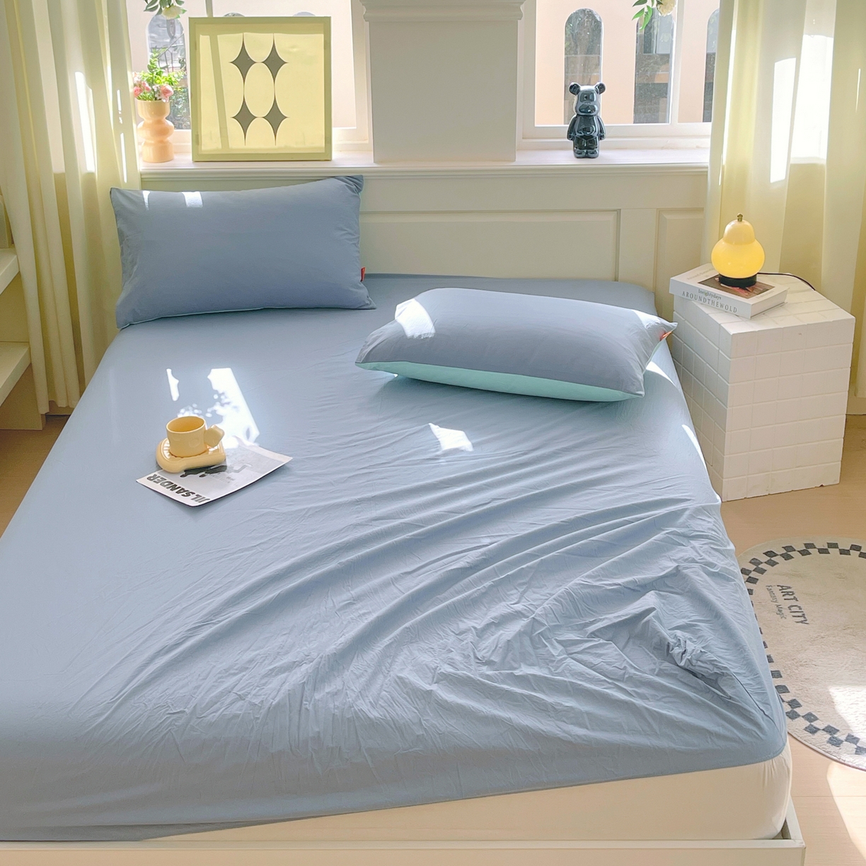 91家纺网 家纺一手货源 找家纺 春皖家纺 2026春夏新款全棉纯棉水洗棉单品系列床笠单件床笠单品-B版单床笠 素雅幻蓝