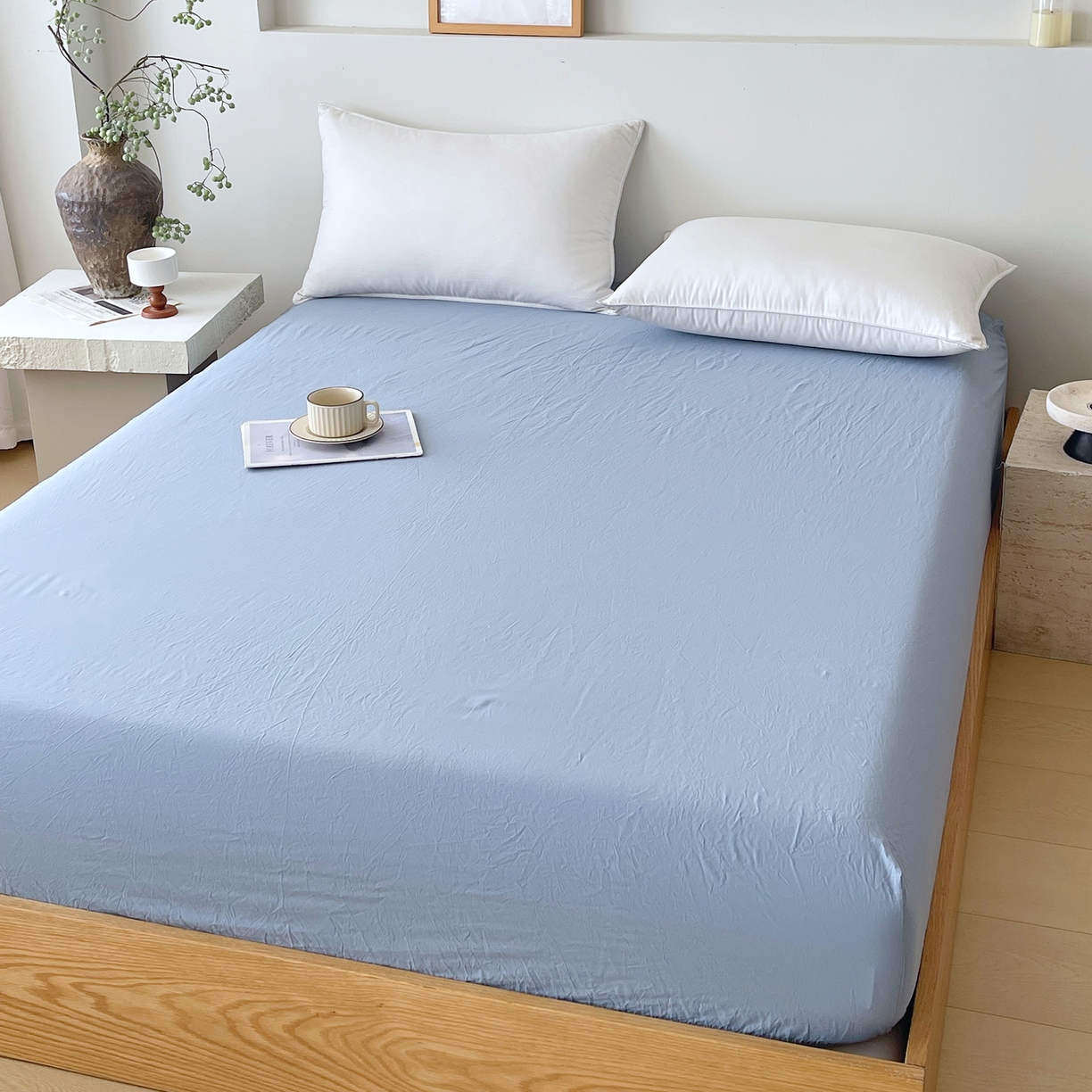 91家纺网 家纺一手货源 找家纺 春皖家纺 2026春夏新款全棉纯棉水洗棉单品系列床笠单件床笠单品-B版单床笠 素雅幻蓝