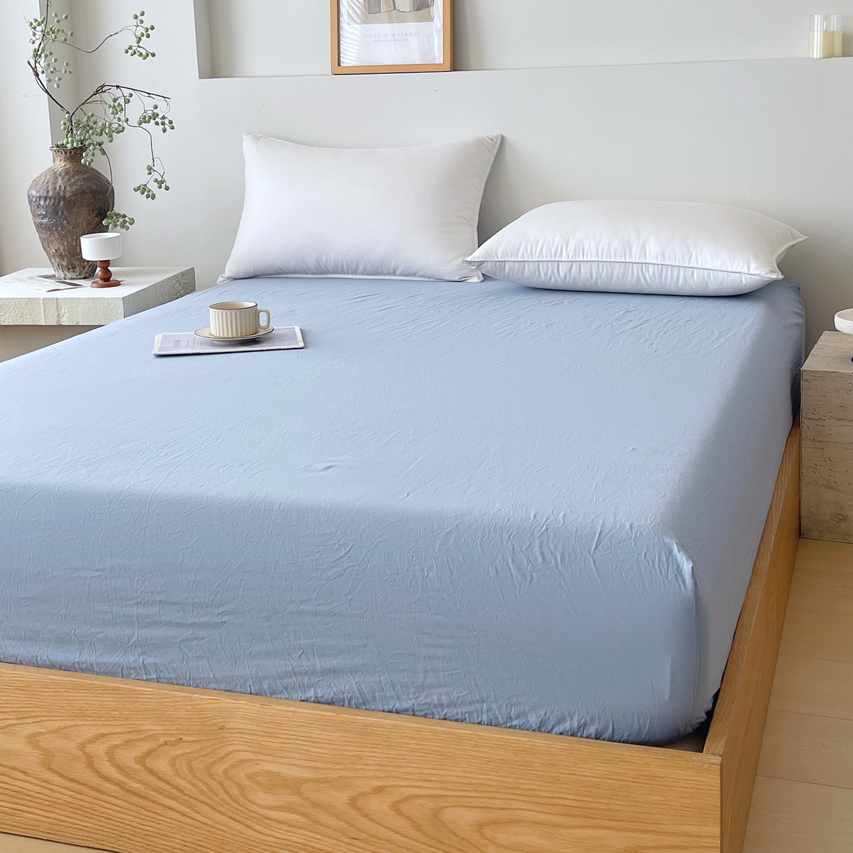 91家纺网 家纺一手货源 找家纺 春皖家纺 2026春夏新款全棉纯棉水洗棉单品系列床笠单件床笠单品-B版单床笠 素雅幻蓝