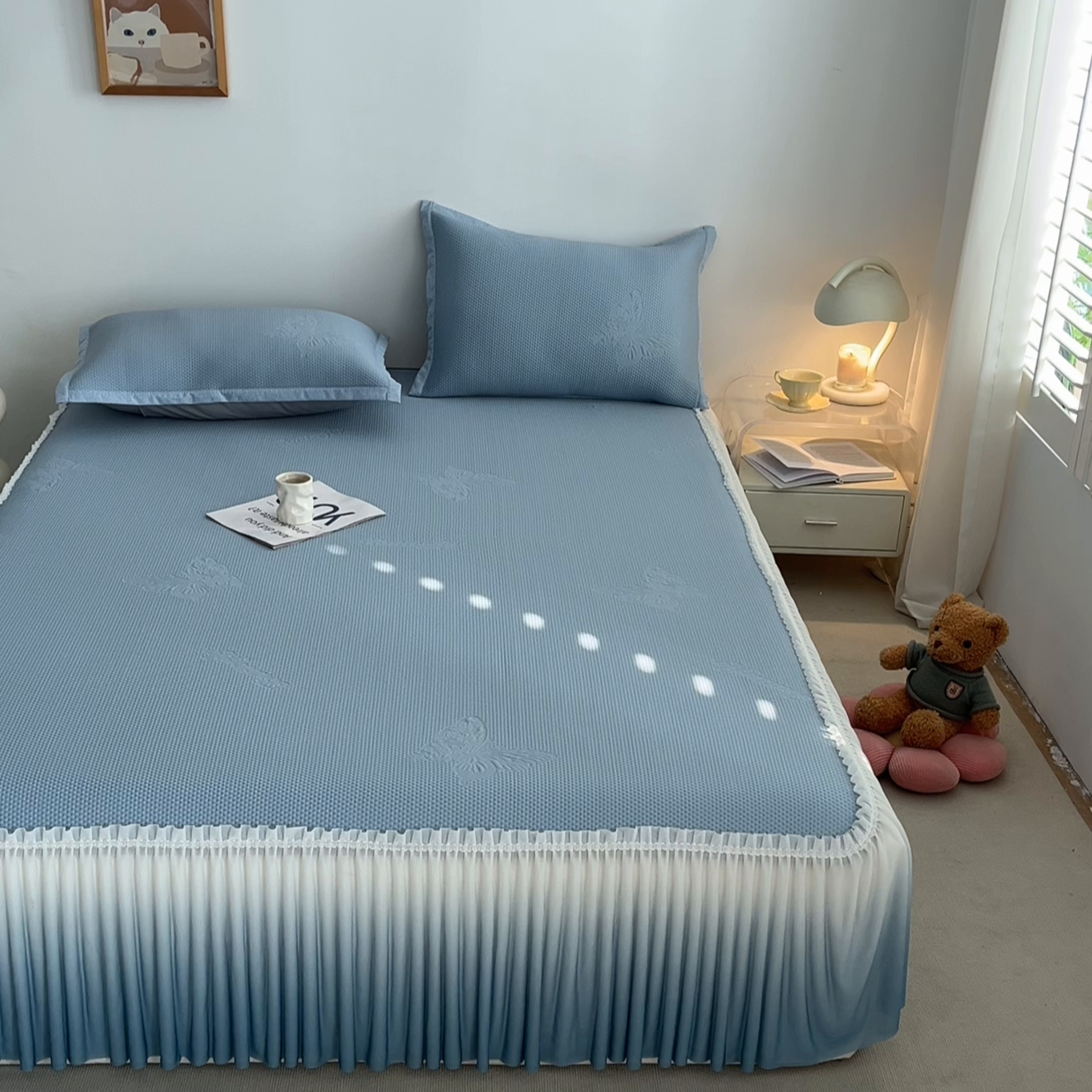 91家纺网 家纺一手货源 找家纺 安哆啦家纺 2026新款公主仙女风480克PE凉感凉豆豆床裙凉席三件套-豆豆床裙 豆豆床裙-深邃蓝