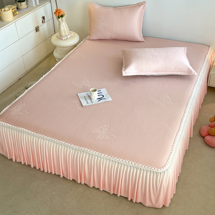 91家纺网 家纺一手货源 找家纺 安哆啦家纺 2026新款公主仙女风480克PE凉感凉豆豆床裙凉席三件套-豆豆床裙 豆豆床裙-仙女粉