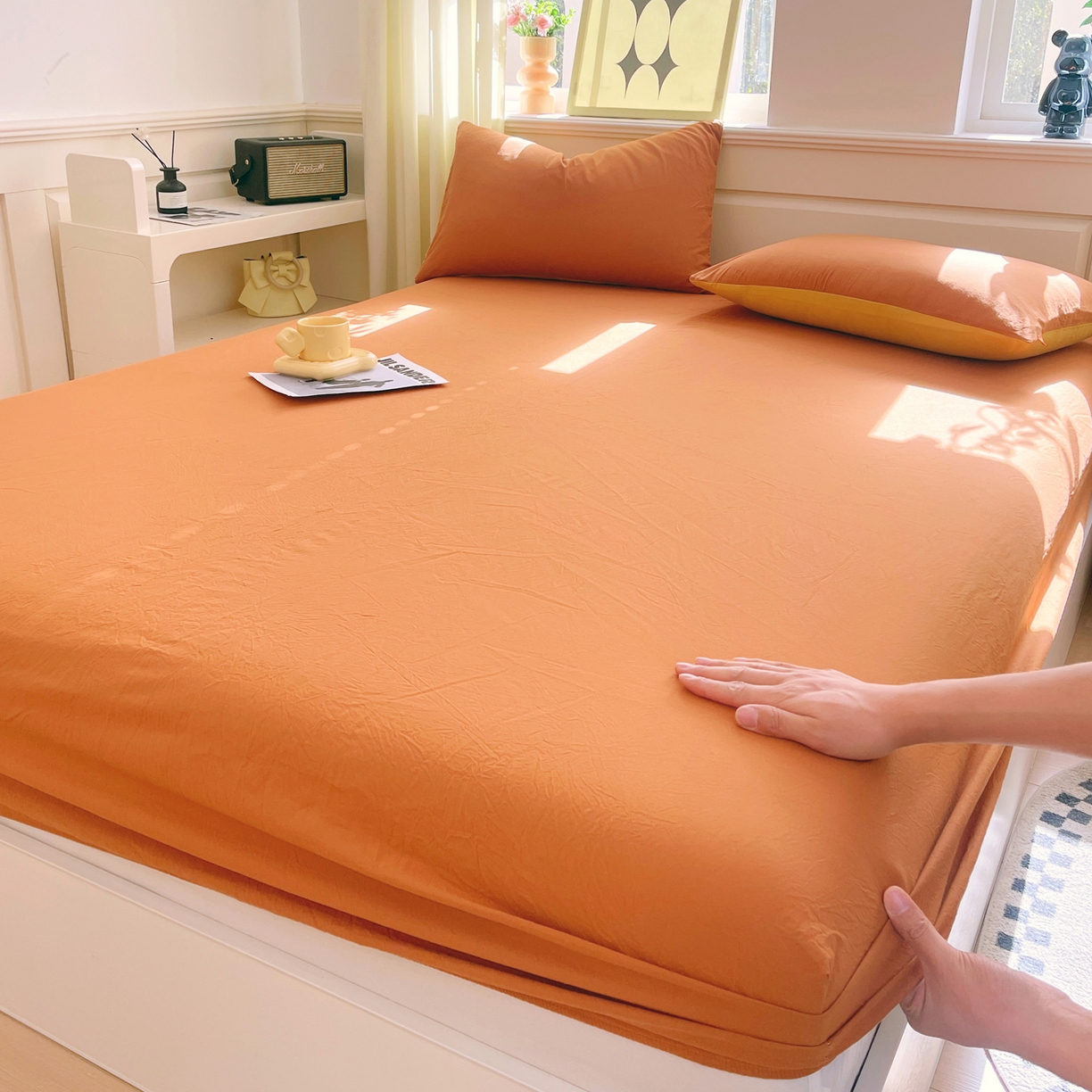 91家纺网 家纺一手货源 找家纺 春皖家纺 2026春夏新款全棉纯棉水洗棉单品系列床笠单件床笠单品-B版单床笠 素雅焦糖