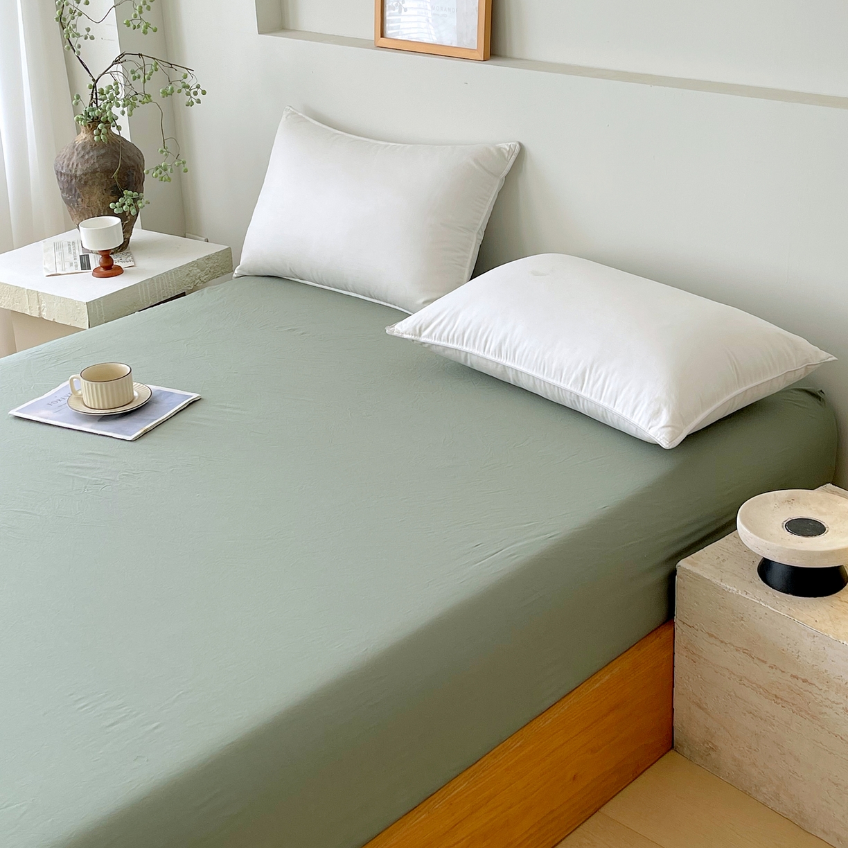 91家纺网 家纺一手货源 找家纺 春皖家纺 2026春夏新款全棉纯棉水洗棉单品系列床笠单件床笠单品-B版单床笠 素雅军绿