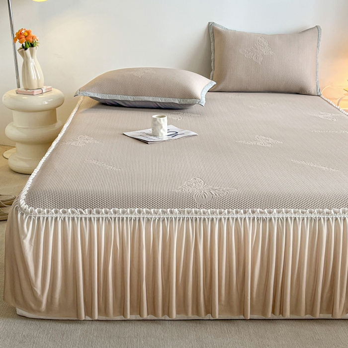 91家纺网 家纺一手货源 找家纺 安哆啦家纺 2026新款公主仙女风480克PE凉感凉豆豆床裙凉席三件套-豆豆床裙 豆豆床裙-香槟金