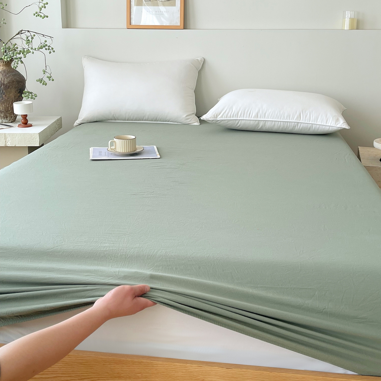 91家纺网 家纺一手货源 找家纺 春皖家纺 2026春夏新款全棉纯棉水洗棉单品系列床笠单件床笠单品-B版单床笠 素雅军绿