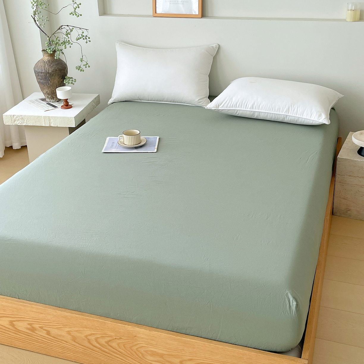 91家纺网 家纺一手货源 找家纺 春皖家纺 2026春夏新款全棉纯棉水洗棉单品系列床笠单件床笠单品-B版单床笠 素雅军绿