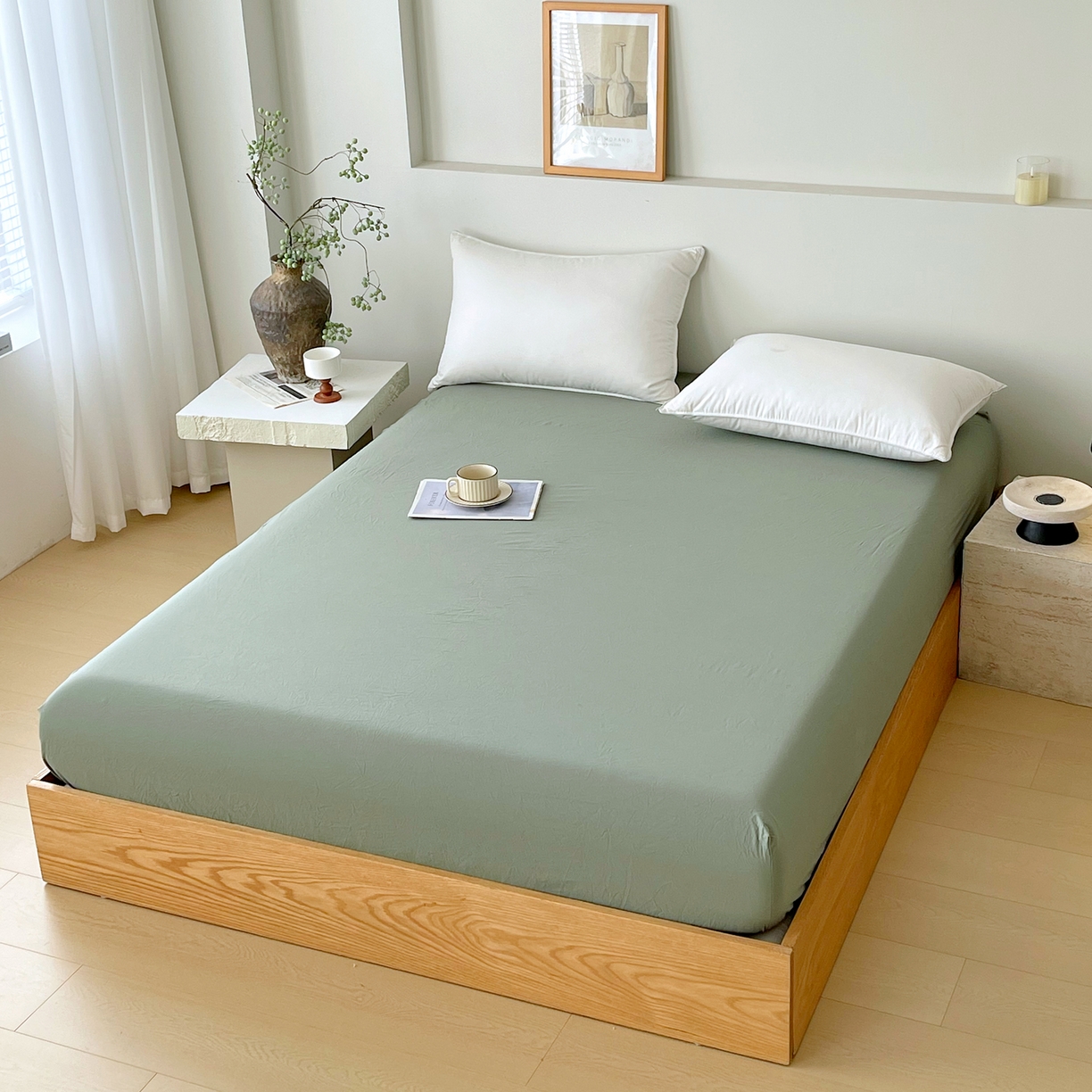 91家纺网 家纺一手货源 找家纺 春皖家纺 2026春夏新款全棉纯棉水洗棉单品系列床笠单件床笠单品-B版单床笠 素雅军绿