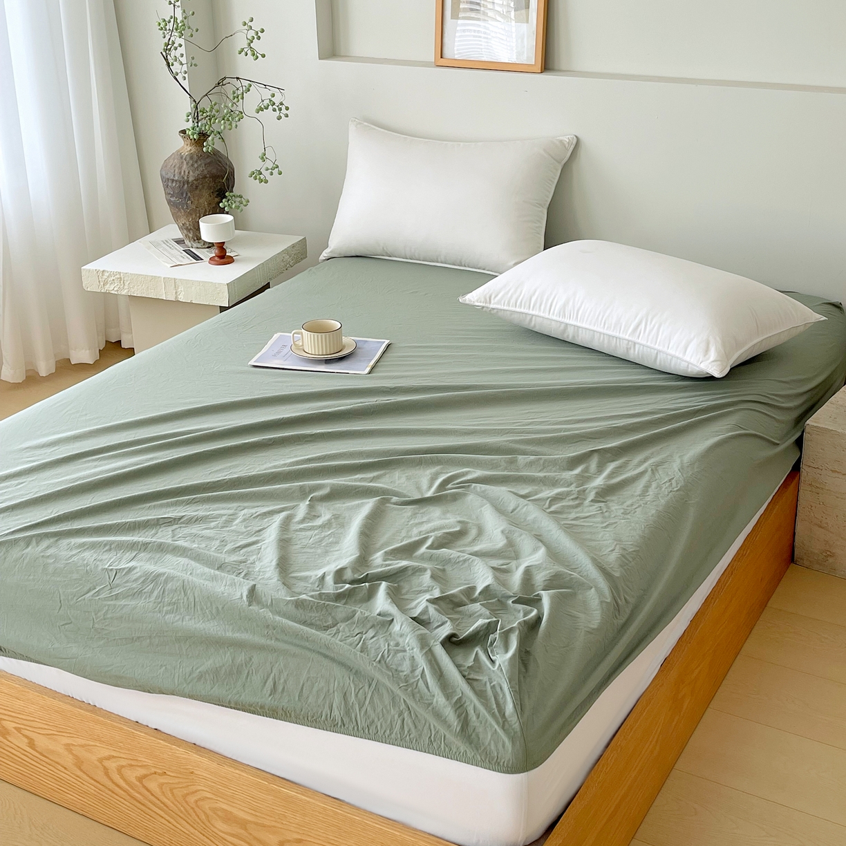 91家纺网 家纺一手货源 找家纺 春皖家纺 2026春夏新款全棉纯棉水洗棉单品系列床笠单件床笠单品-B版单床笠 素雅军绿