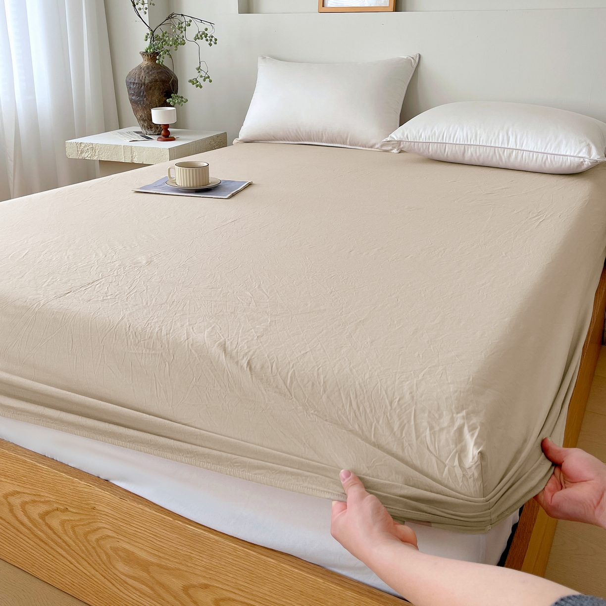 91家纺网 家纺一手货源 找家纺 春皖家纺 2026春夏新款全棉纯棉水洗棉单品系列床笠单件床笠单品-B版单床笠 素雅卡其