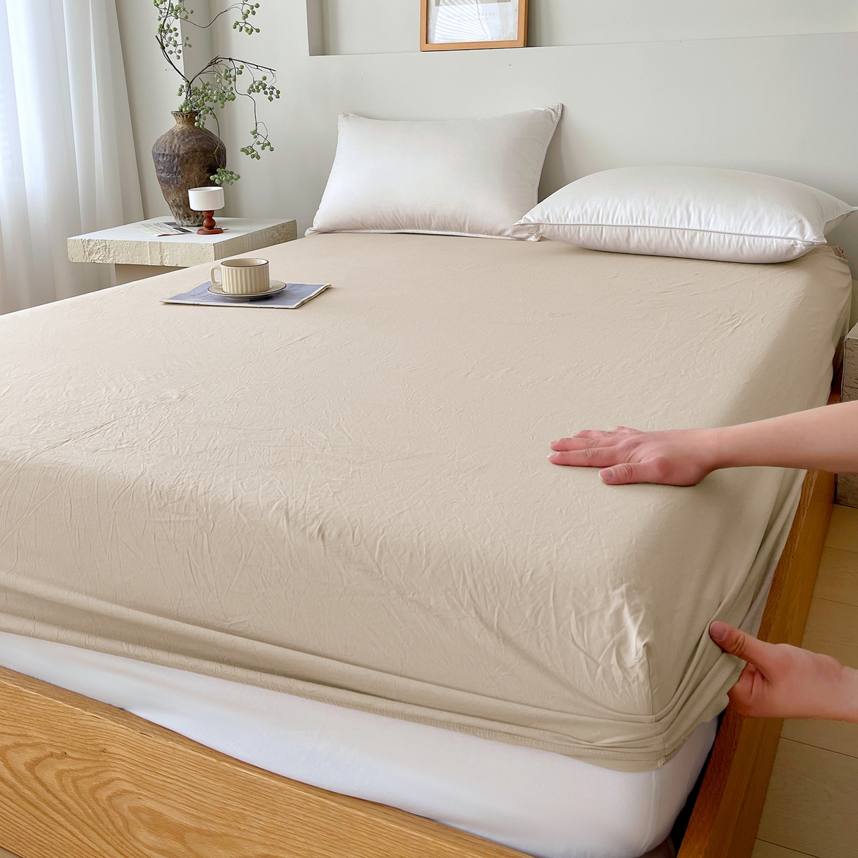 91家纺网 家纺一手货源 找家纺 春皖家纺 2026春夏新款全棉纯棉水洗棉单品系列床笠单件床笠单品-B版单床笠 素雅卡其