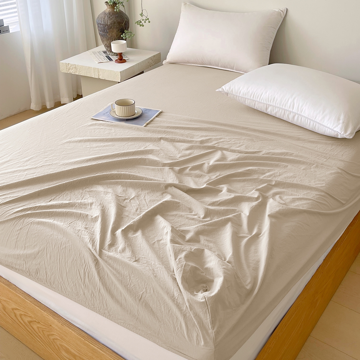 91家纺网 家纺一手货源 找家纺 春皖家纺 2026春夏新款全棉纯棉水洗棉单品系列床笠单件床笠单品-B版单床笠 素雅卡其