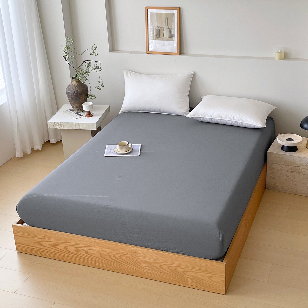 91家纺网 家纺一手货源 找家纺 春皖家纺 2026春夏新款全棉纯棉水洗棉单品系列床笠单件床笠单品-B版单床笠 素雅墨灰