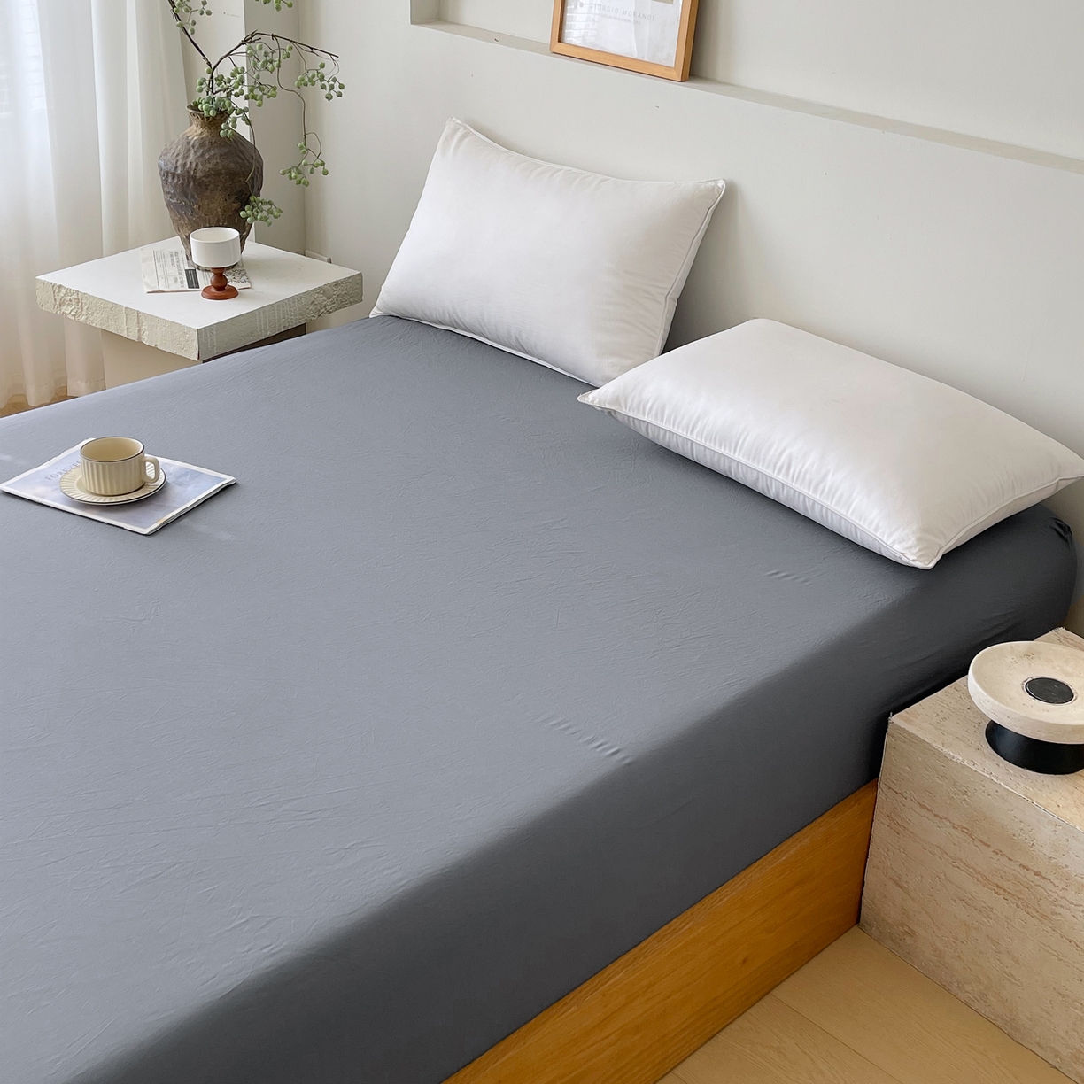 91家纺网 家纺一手货源 找家纺 春皖家纺 2026春夏新款全棉纯棉水洗棉单品系列床笠单件床笠单品-B版单床笠 素雅墨灰