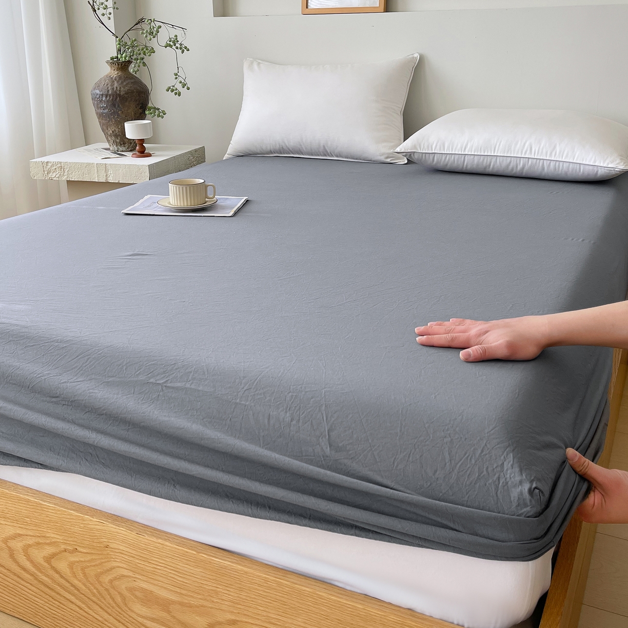 91家纺网 家纺一手货源 找家纺 春皖家纺 2026春夏新款全棉纯棉水洗棉单品系列床笠单件床笠单品-B版单床笠 素雅墨灰