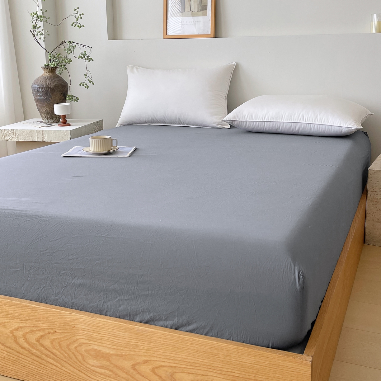 91家纺网 家纺一手货源 找家纺 春皖家纺 2026春夏新款全棉纯棉水洗棉单品系列床笠单件床笠单品-B版单床笠 素雅墨灰