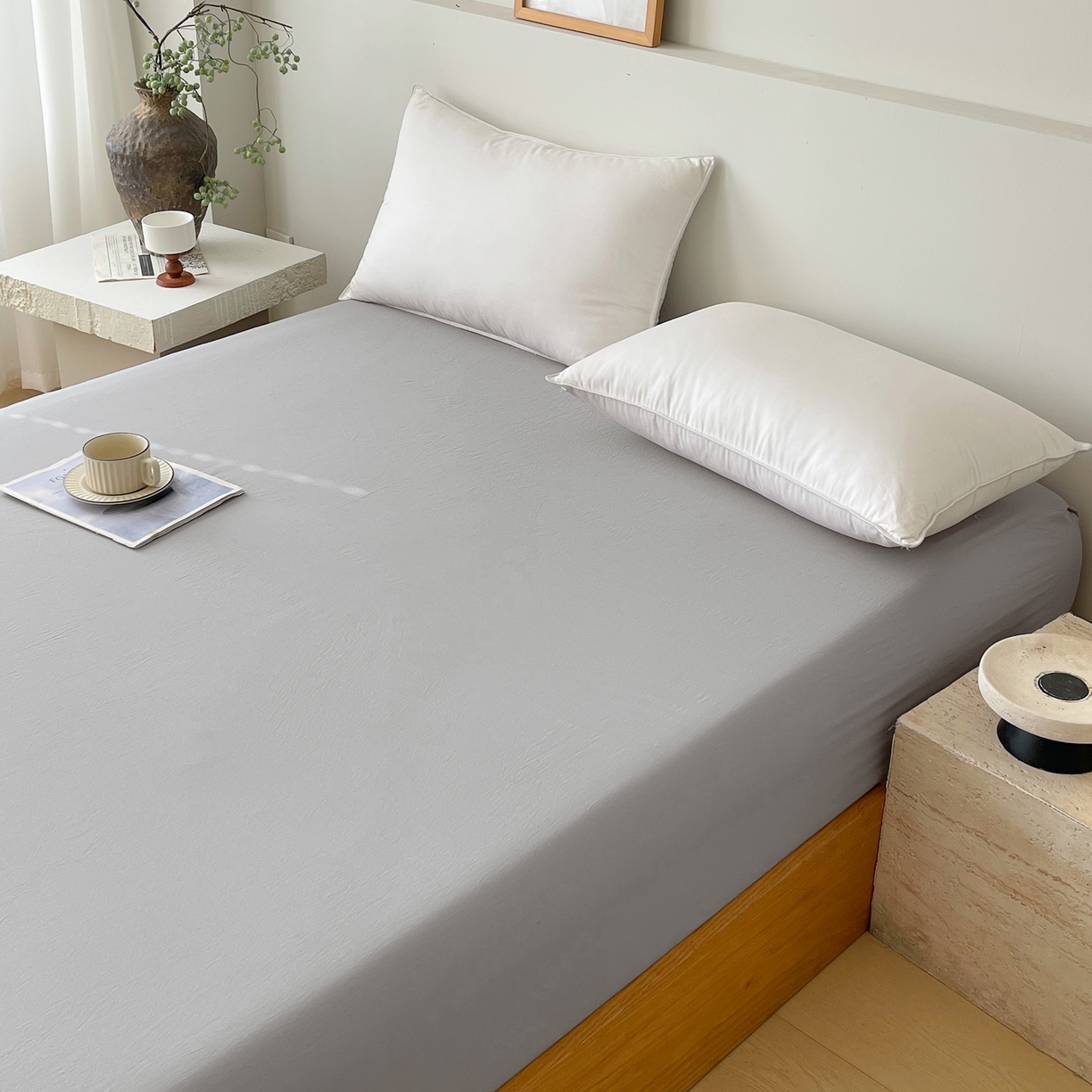 91家纺网 家纺一手货源 找家纺 春皖家纺 2026春夏新款全棉纯棉水洗棉单品系列床笠单件床笠单品-B版单床笠 素雅浅灰