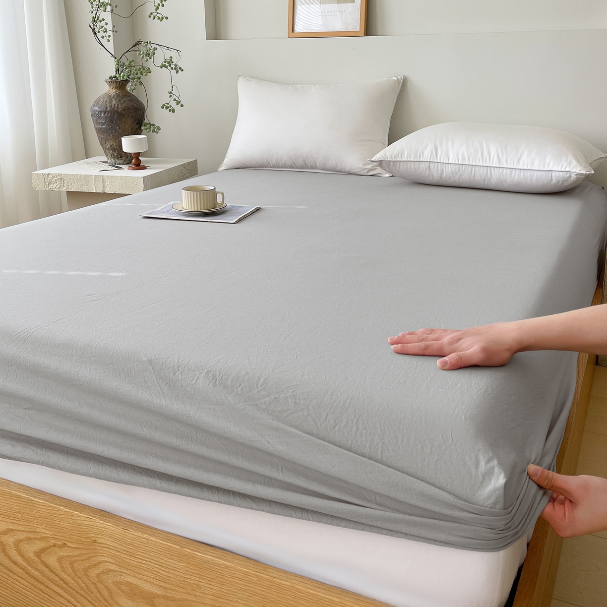 91家纺网 家纺一手货源 找家纺 春皖家纺 2026春夏新款全棉纯棉水洗棉单品系列床笠单件床笠单品-B版单床笠 素雅浅灰