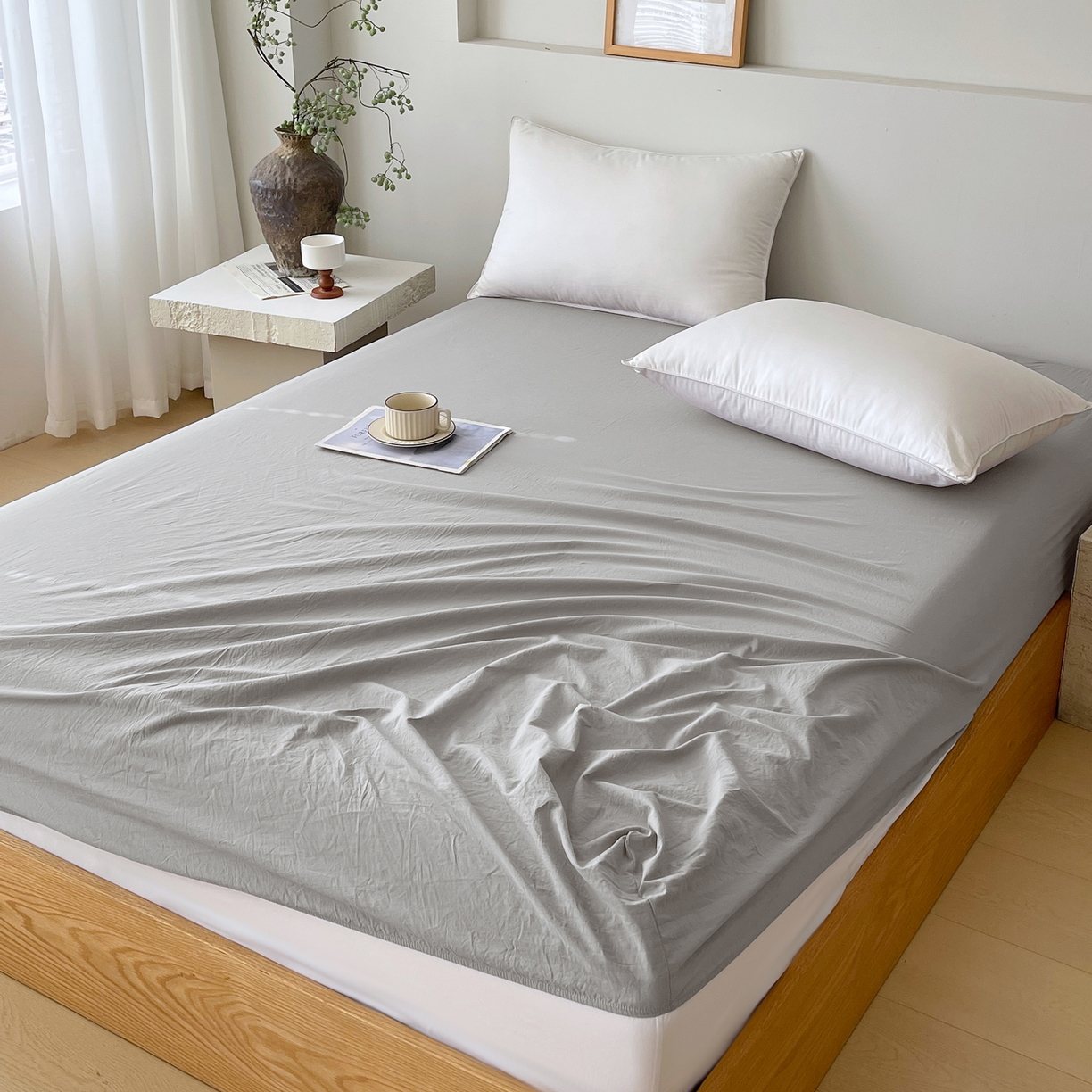 91家纺网 家纺一手货源 找家纺 春皖家纺 2026春夏新款全棉纯棉水洗棉单品系列床笠单件床笠单品-B版单床笠 素雅浅灰