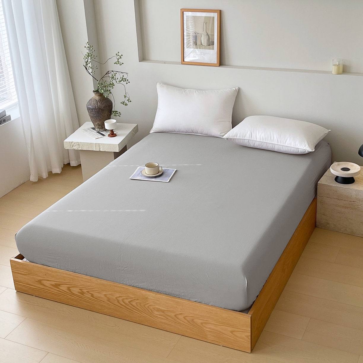 91家纺网 家纺一手货源 找家纺 春皖家纺 2026春夏新款全棉纯棉水洗棉单品系列床笠单件床笠单品-B版单床笠 素雅浅灰