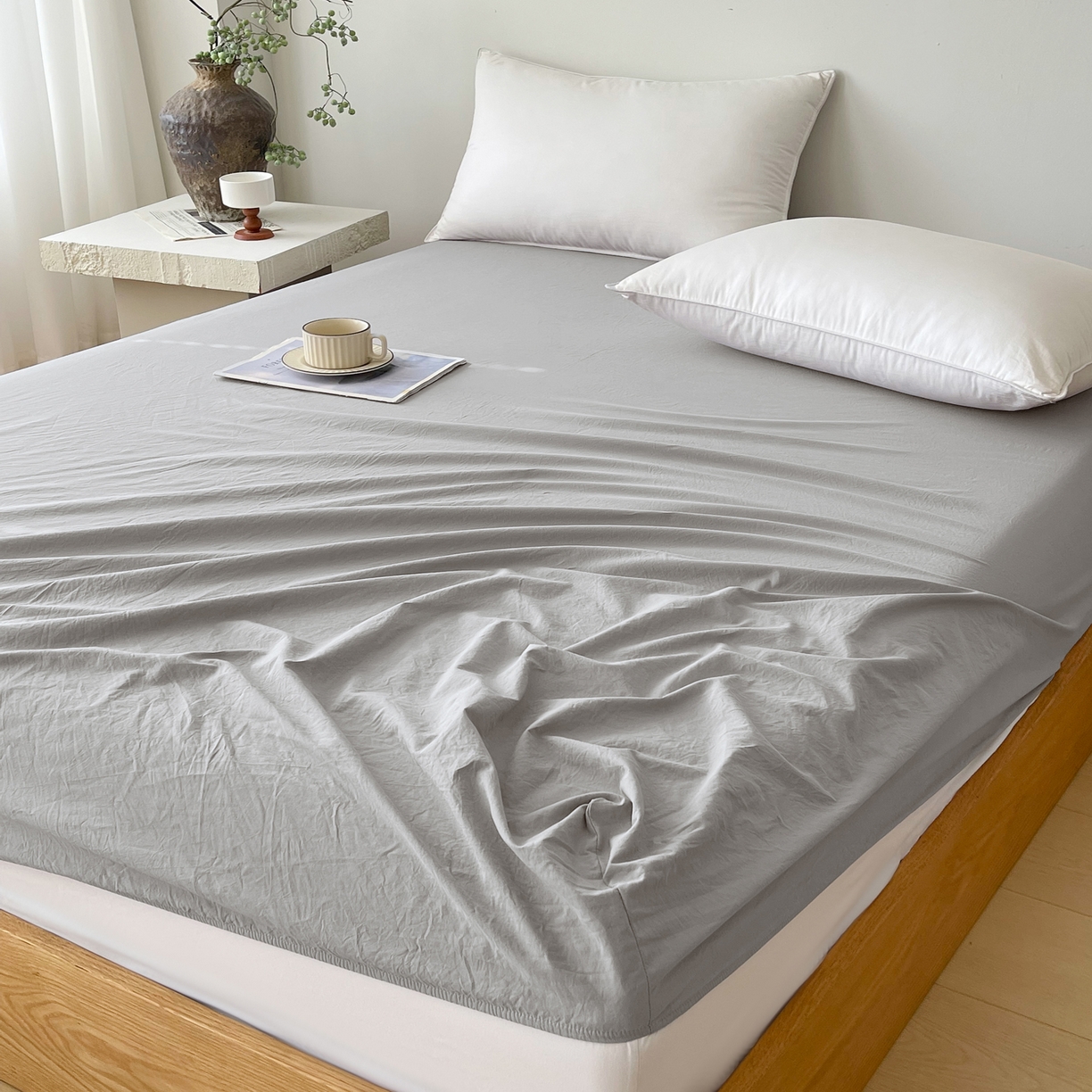 91家纺网 家纺一手货源 找家纺 春皖家纺 2026春夏新款全棉纯棉水洗棉单品系列床笠单件床笠单品-B版单床笠 素雅浅灰