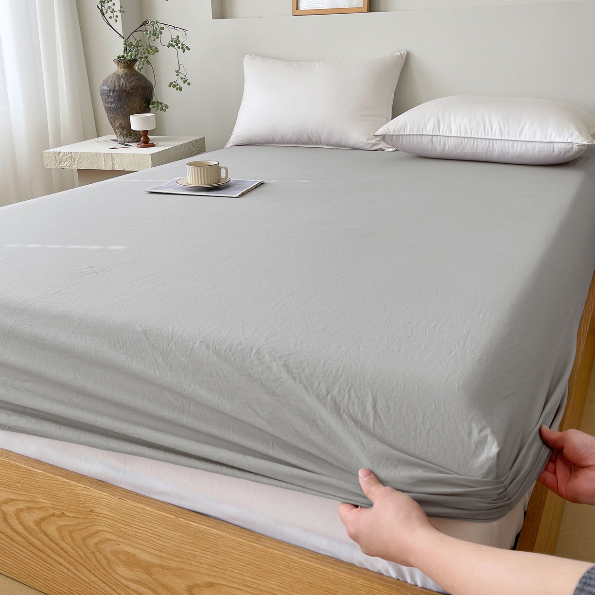 91家纺网 家纺一手货源 找家纺 春皖家纺 2026春夏新款全棉纯棉水洗棉单品系列床笠单件床笠单品-B版单床笠 素雅浅灰