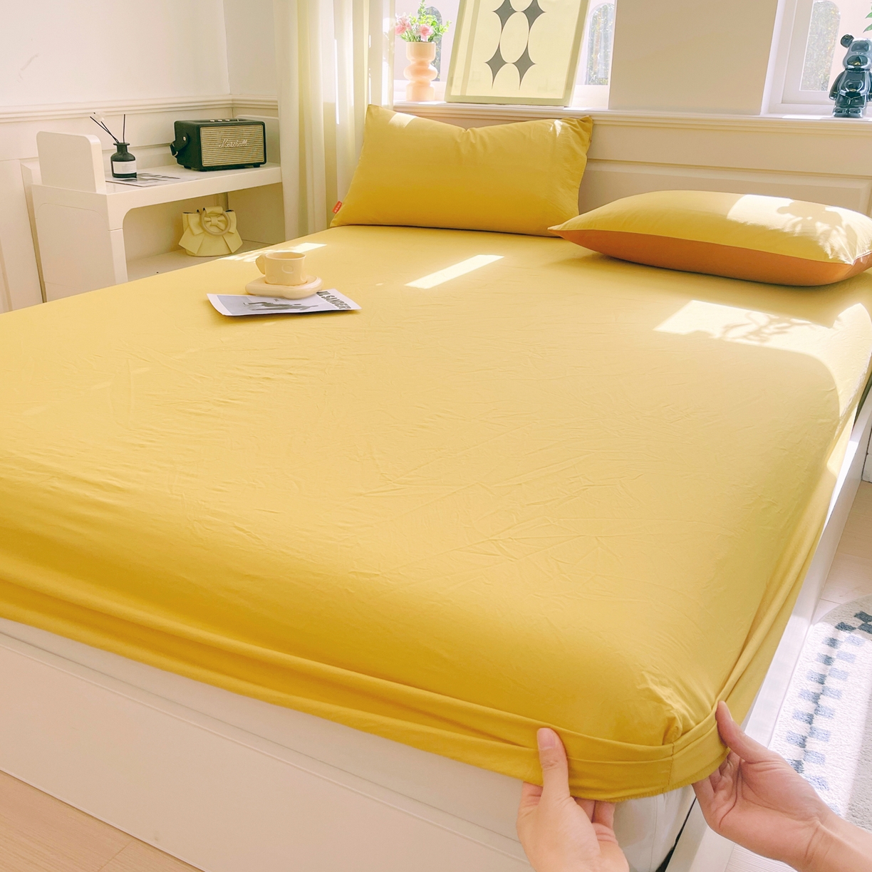 91家纺网 家纺一手货源 找家纺 春皖家纺 2026春夏新款全棉纯棉水洗棉单品系列床笠单件床笠单品-B版单床笠 素雅深黄