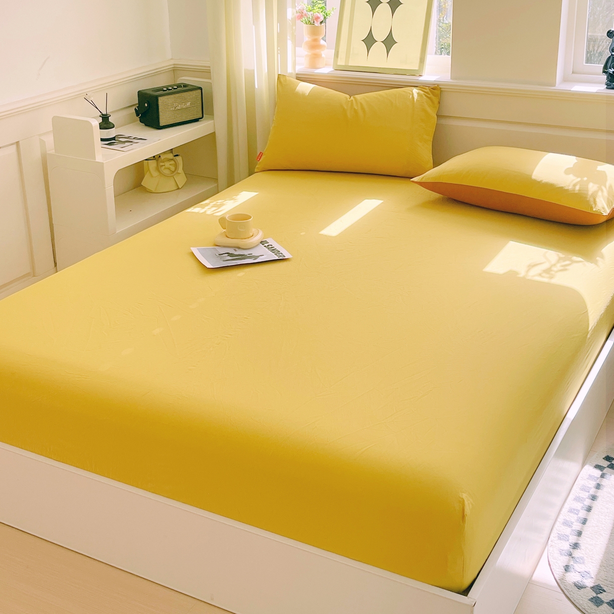 91家纺网 家纺一手货源 找家纺 春皖家纺 2026春夏新款全棉纯棉水洗棉单品系列床笠单件床笠单品-B版单床笠 素雅深黄