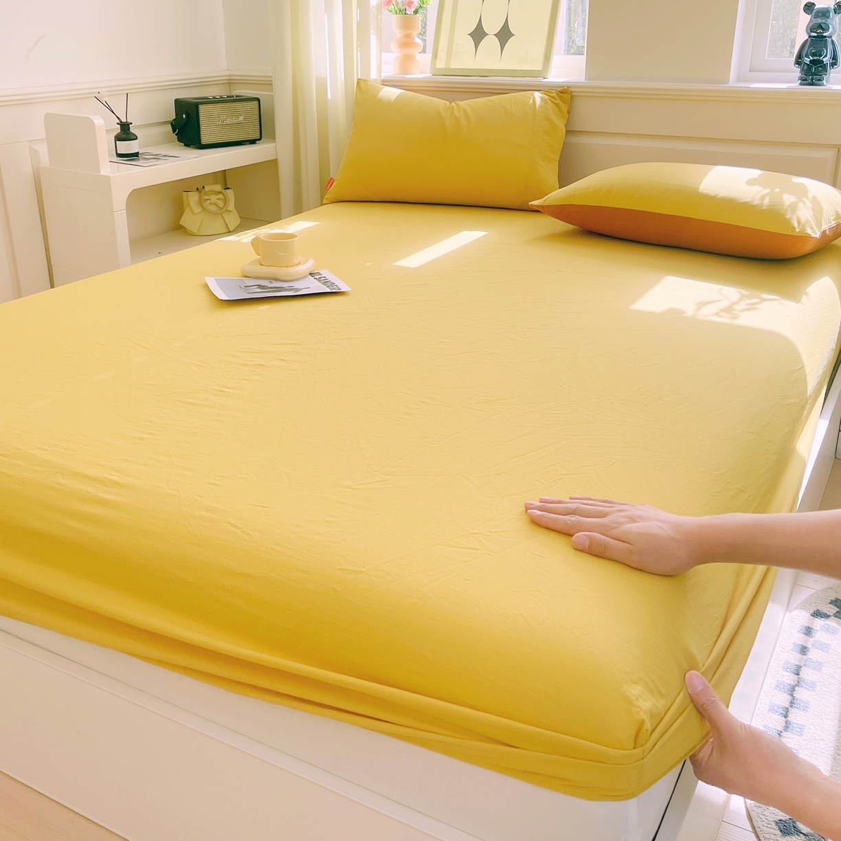 91家纺网 家纺一手货源 找家纺 春皖家纺 2026春夏新款全棉纯棉水洗棉单品系列床笠单件床笠单品-B版单床笠 素雅深黄