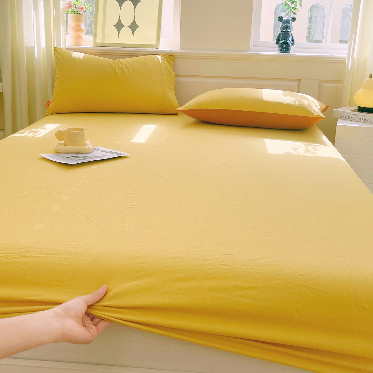 91家纺网 家纺一手货源 找家纺 春皖家纺 2026春夏新款全棉纯棉水洗棉单品系列床笠单件床笠单品-B版单床笠 素雅深黄